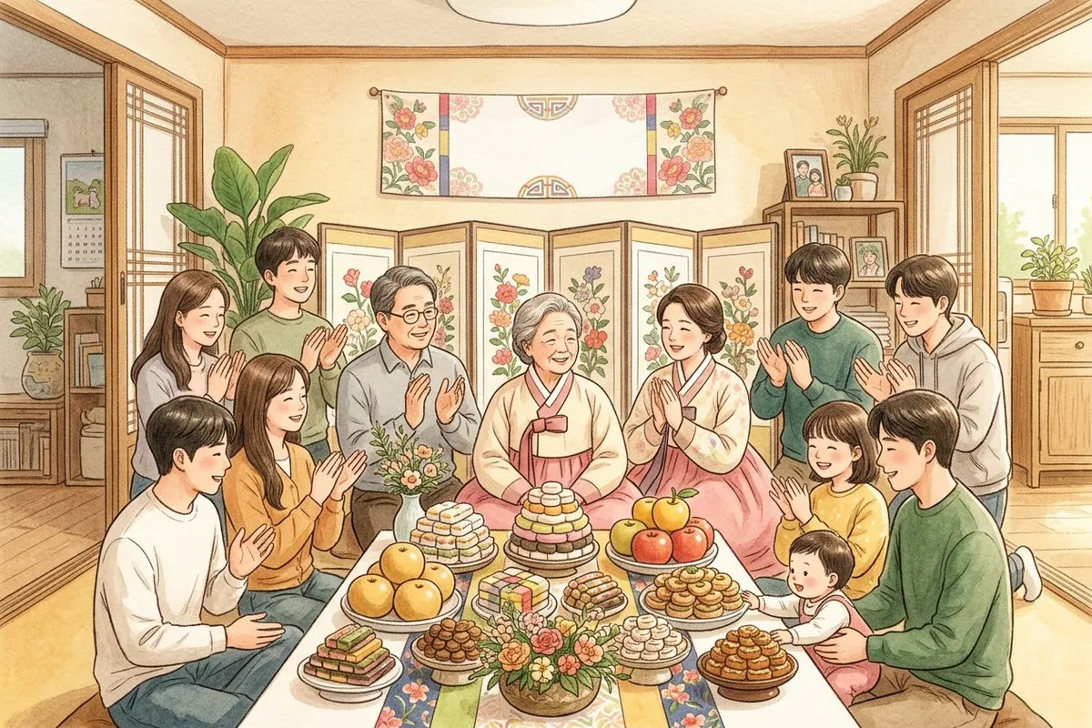 분홍 한복 입은 어머니 팔순 잔치에서 자녀와 손주, 증손주가 박수 치는 그림
